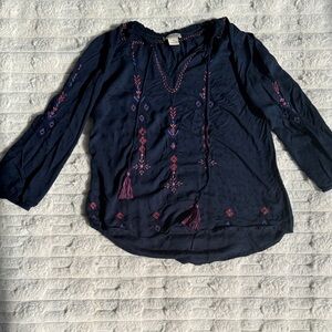 Lucky Brand Navy Blouse with Pink Embroidery